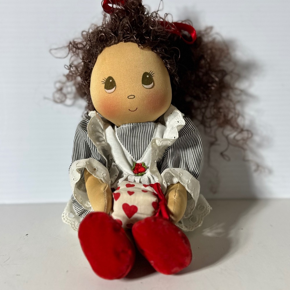 Vintage Applause Cloth Rag Doll Curly Brown Hair Red Shoes Heart Dress 1990s
